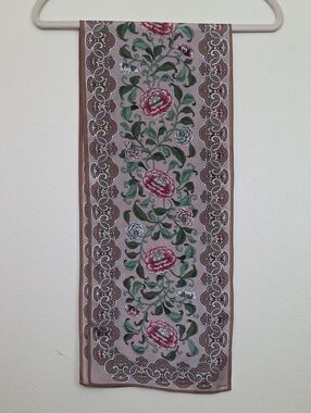 Vana Brown, Red, Green & Tan Floral Rectangular Scarf 50X 10.5